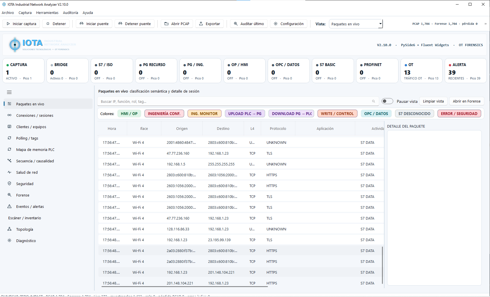 IOTA Industrial Network Analyzer — Paquetes en vivo