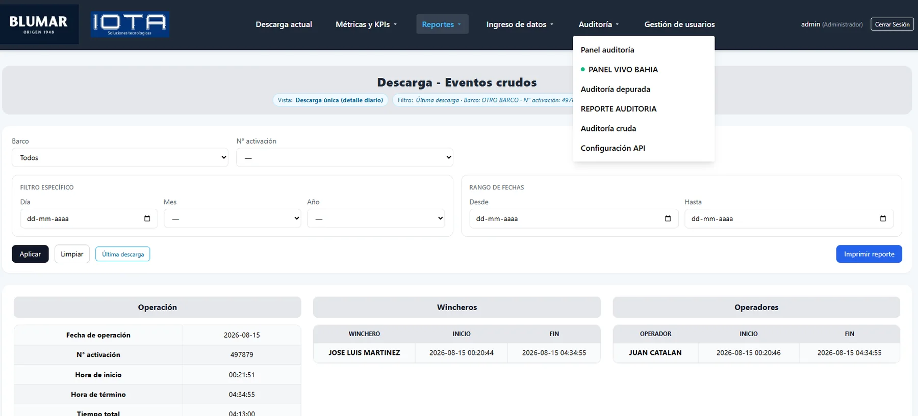 Plataforma de descarga · vista 3 | IOTA Control